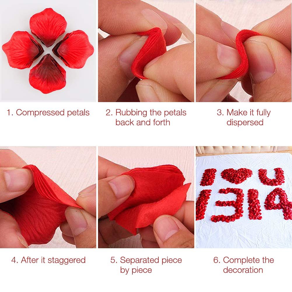 Collage showing how to separate compressed artificial rose petals and arrange them into the words 'I LOVE 1314' on a white surface.