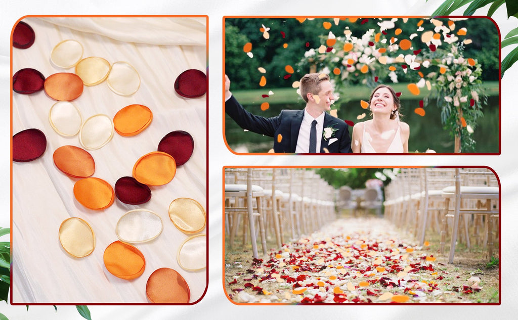 Assortment of orange, cream, and burgundy artificial rose petals scattered on white fabric and on a wedding aisle.