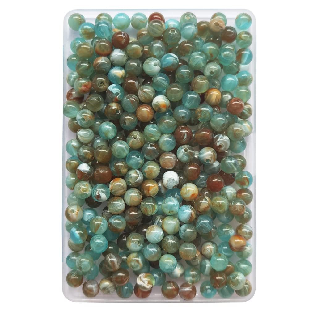 A clear plastic container filled with approximately 300 round, 8mm acrylic beads featuring a marble pattern in shades of blue, green, and brown.