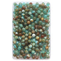A clear plastic container filled with approximately 300 round, 8mm acrylic beads featuring a marble pattern in shades of blue, green, and brown.
