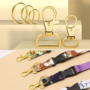 Gold keychain hardware including clips, hooks, and jump rings, plus colorful lanyards with clips.