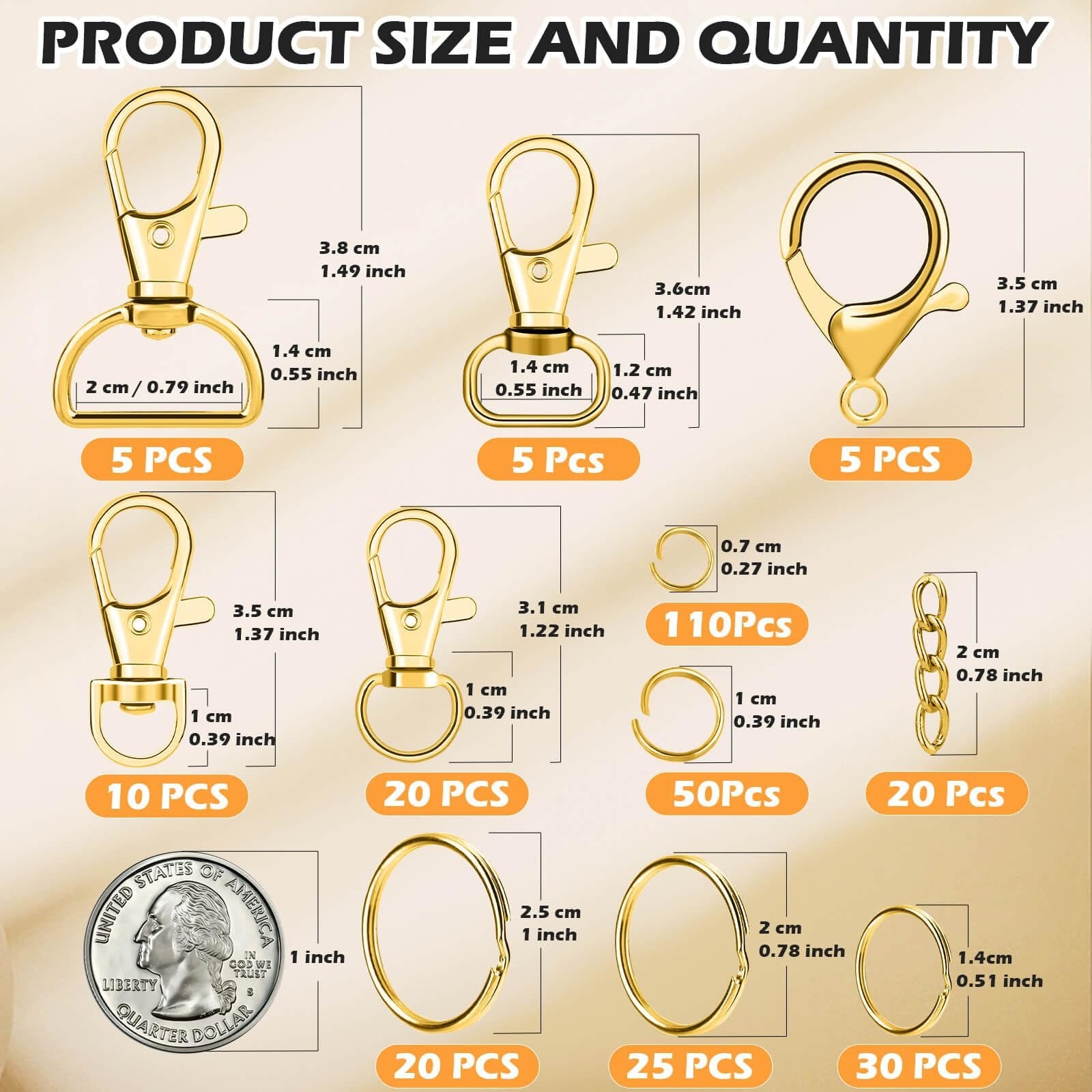 Gold keychain hardware including clips, rings, chains, and jump rings with size and quantity labels.