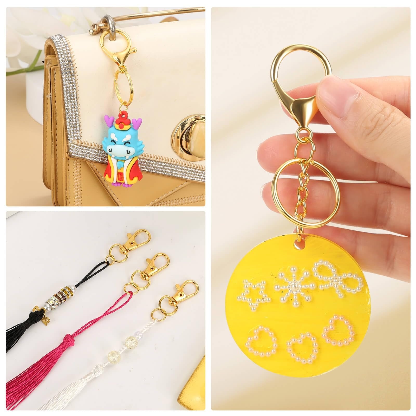 Collage of keychain making supplies: cartoon charm on purse, hand holding a yellow circle with pearl designs, and three tassels with clips.