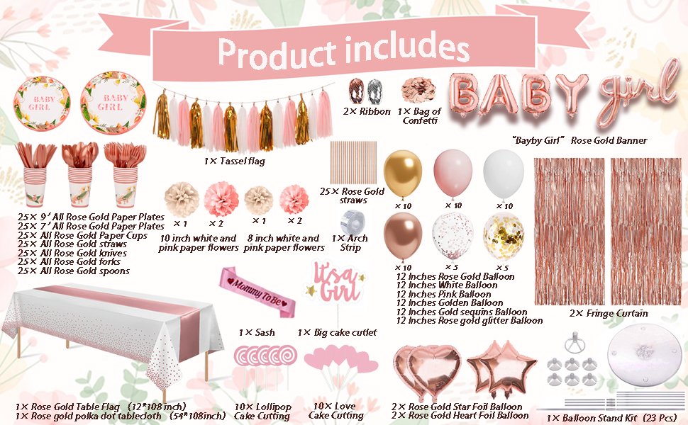 Baby girl shower party kit contents laid out, including plates, cups, cutlery, balloons, banner, tablecloth, and cake toppers.