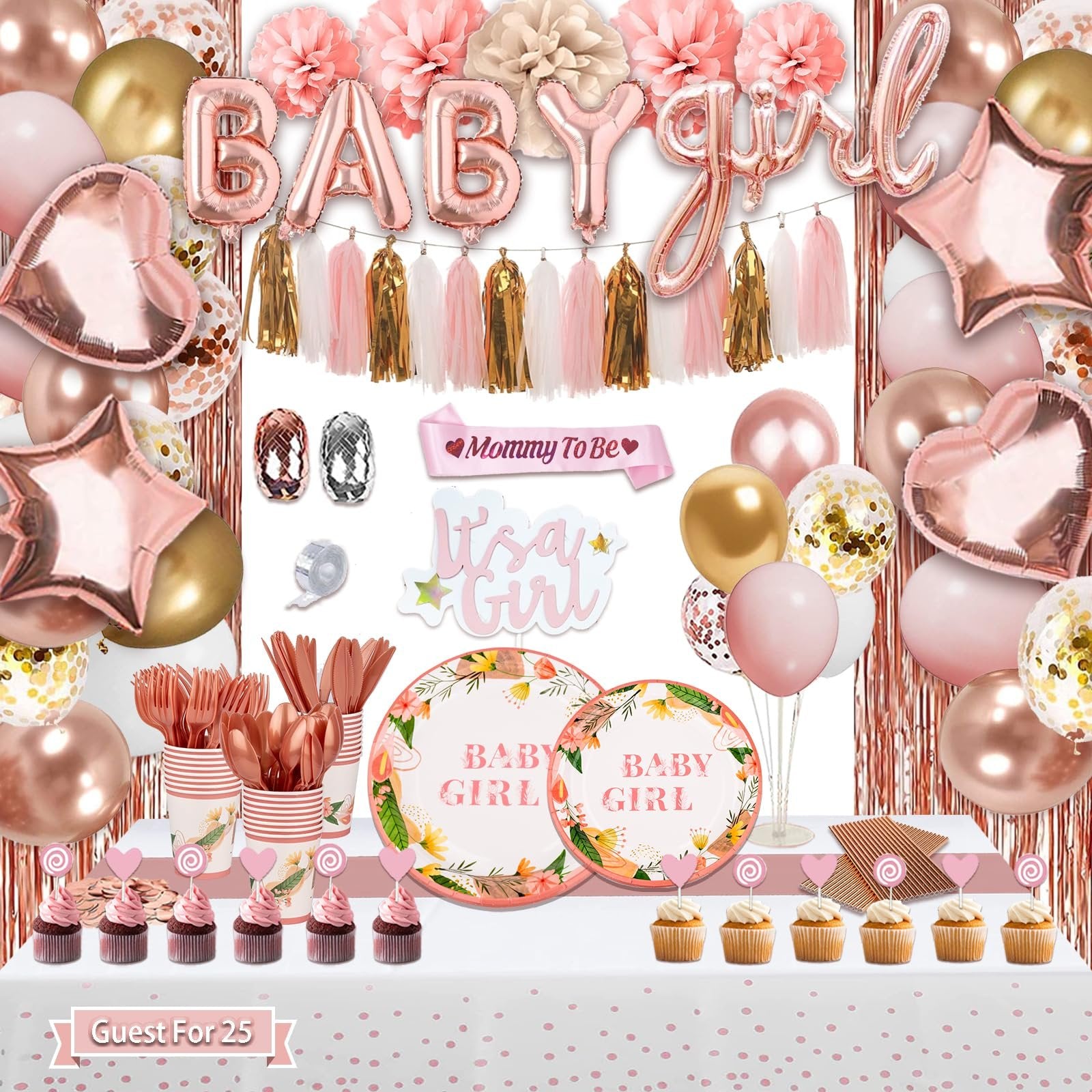 Baby girl shower party decorations and tableware set with balloons, banner, plates, cups, and cupcakes.