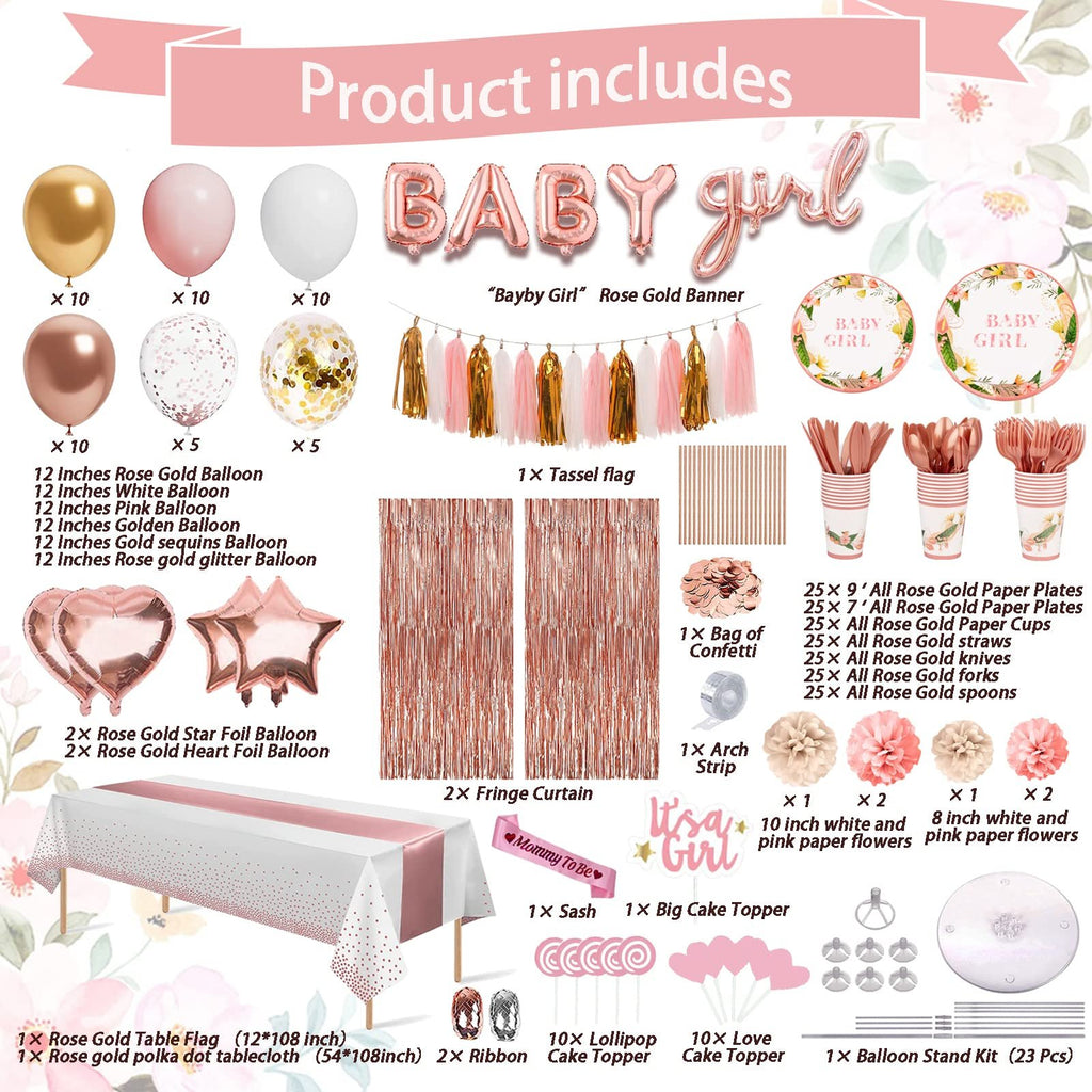 Baby girl shower party kit contents laid out, including balloons, banner, plates, cups, cutlery, tablecloth, and cake toppers.