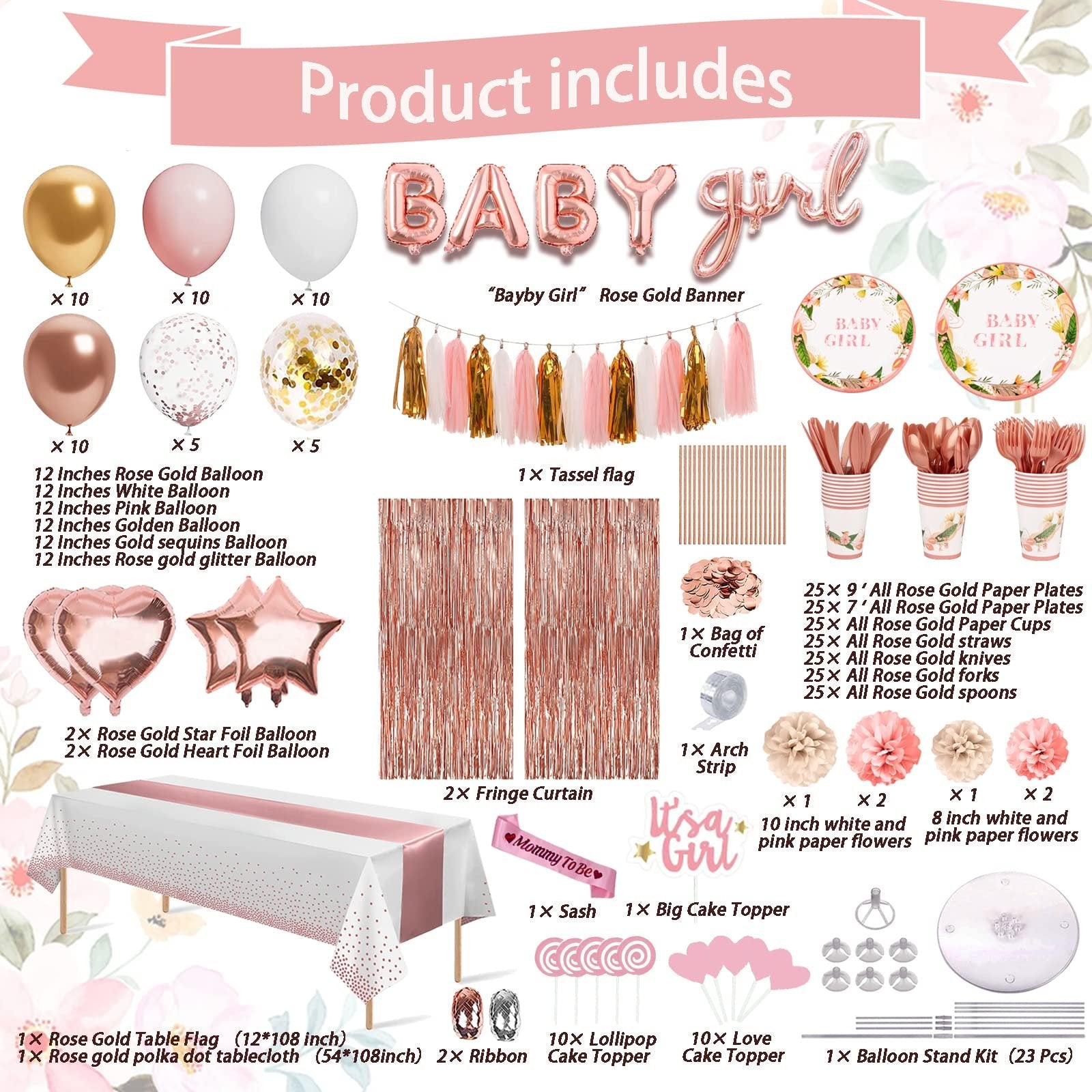 Baby girl shower party kit contents laid out, including balloons, banner, plates, cups, cutlery, tablecloth, and cake toppers.