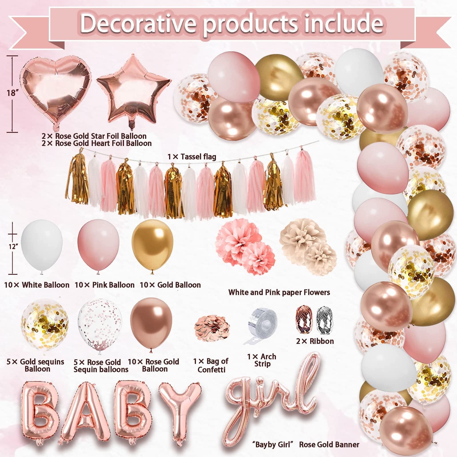 Rose gold and pink party decorations including balloons, tassels, paper flowers, and a 'Baby Girl' banner.