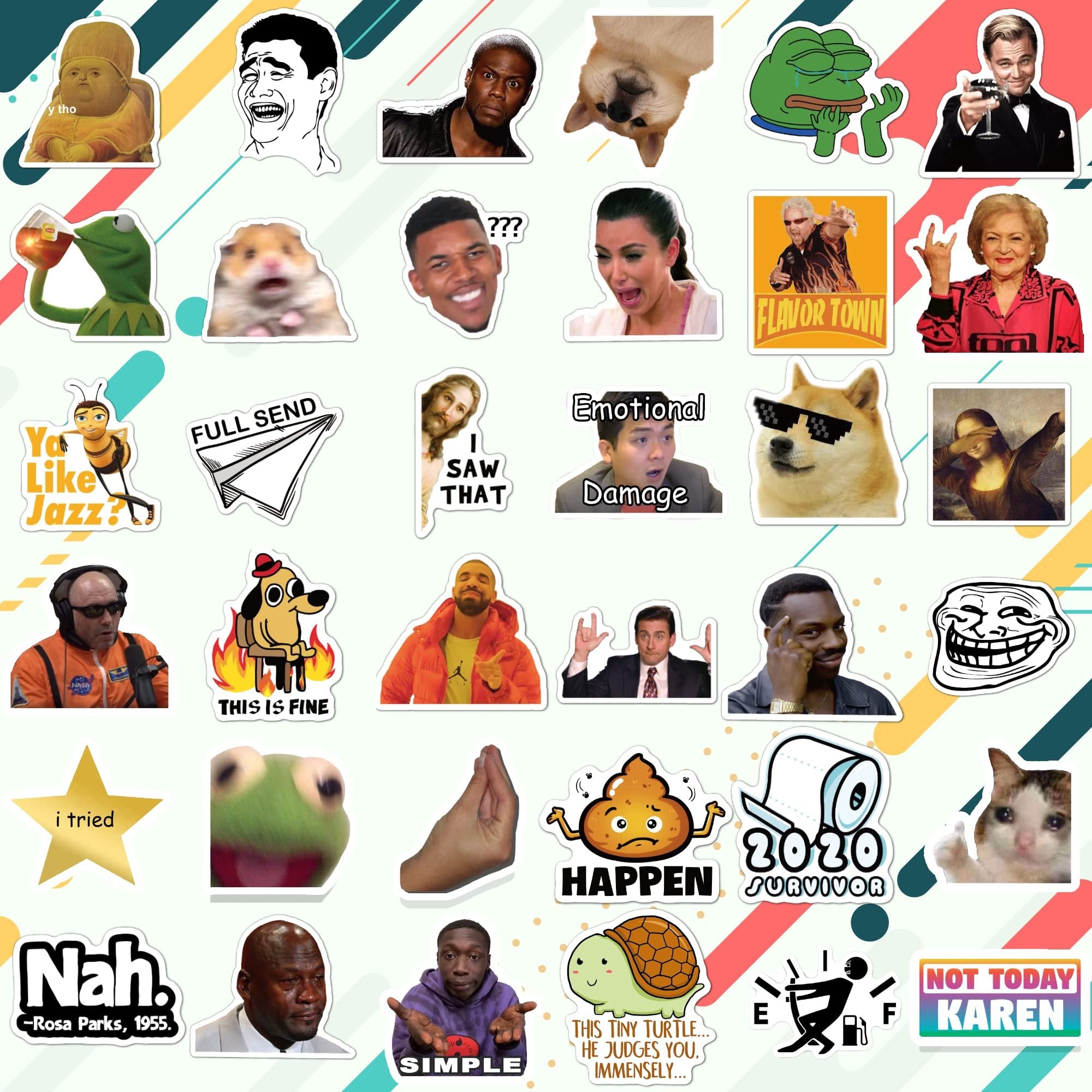 Collage of various meme stickers including Kermit the Frog, Drake, Doge, and various reaction images.