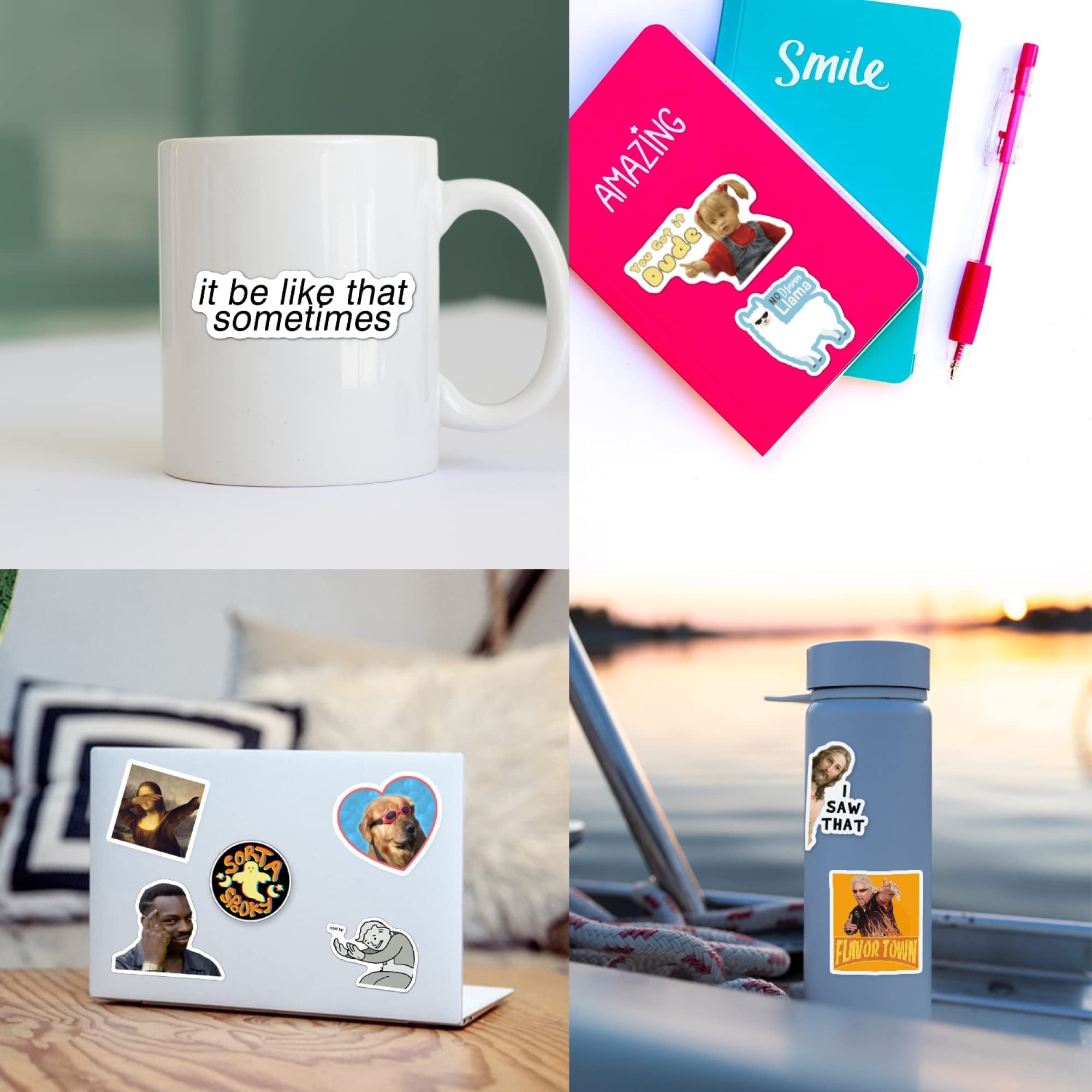 Collage of meme stickers applied to various items: mug, notebooks, laptop, and water bottle.