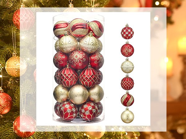 Red and gold shatterproof Christmas ball ornaments in a clear plastic container and displayed individually.