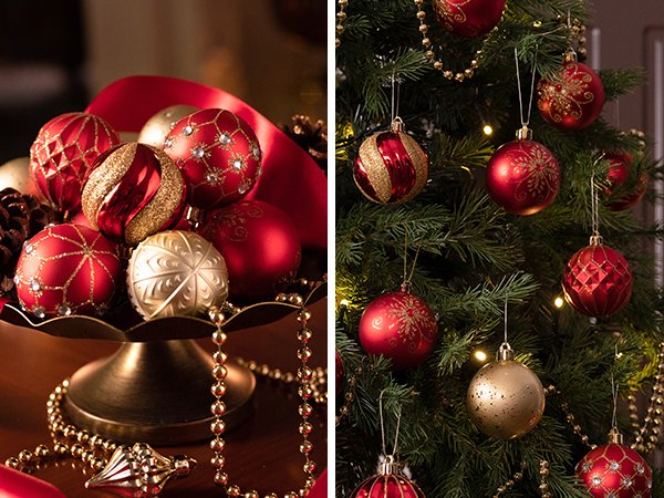 Assorted red and gold shatterproof Christmas ball ornaments displayed in a decorative bowl and hanging on a decorated Christmas tree.