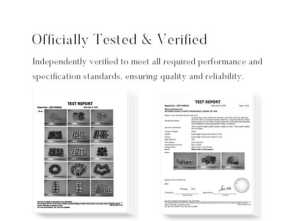 Stack of test reports showing images of Christmas ball ornaments and text details.