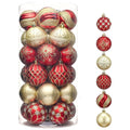 Clear plastic tube filled with assorted red and gold Christmas ball ornaments, with a vertical row of individual ornaments to the right.