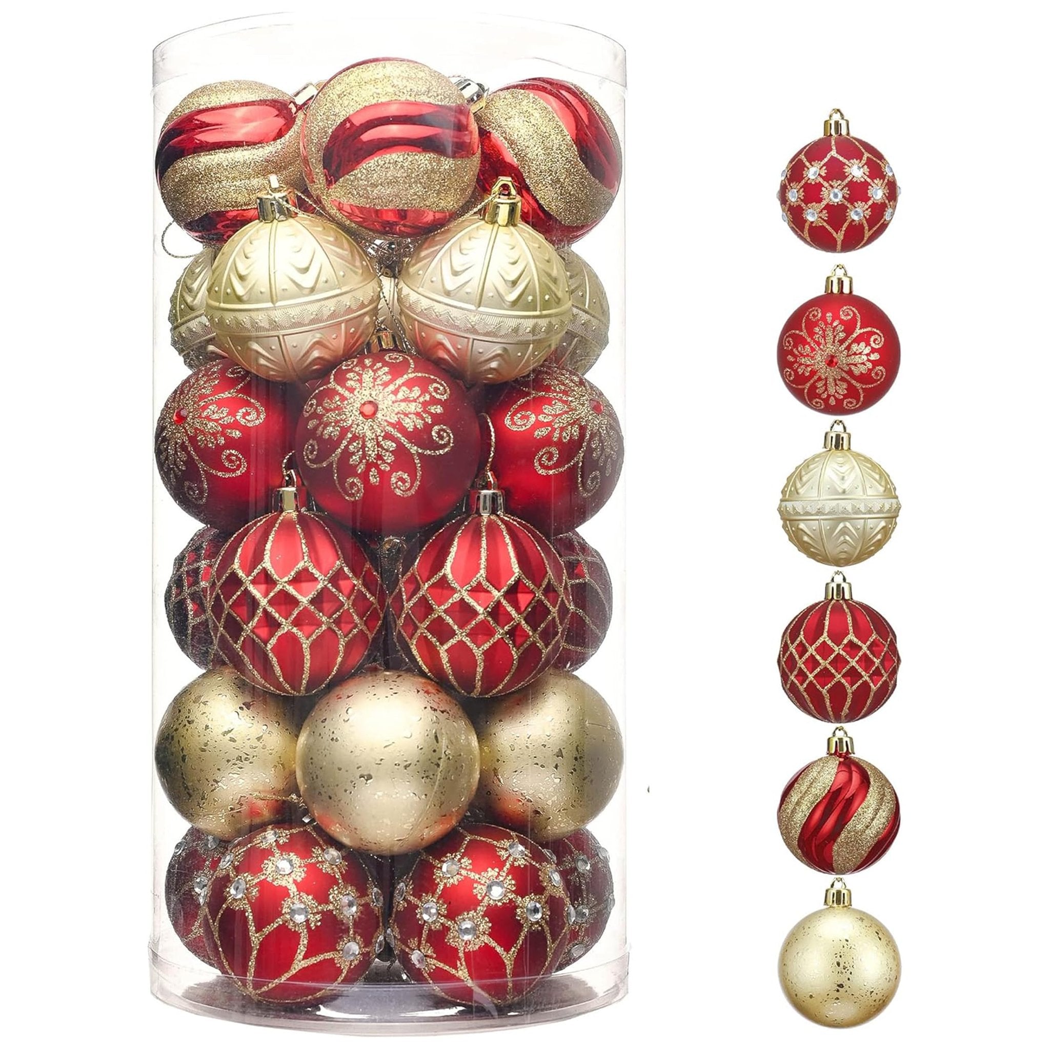 Clear plastic tube filled with assorted red and gold Christmas ball ornaments, with a vertical row of individual ornaments to the right.