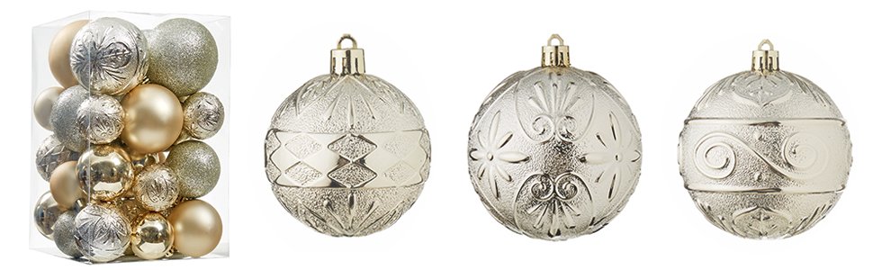 Clear box filled with assorted gold and silver Christmas ball ornaments, plus three individual ornaments showing embossed patterns.