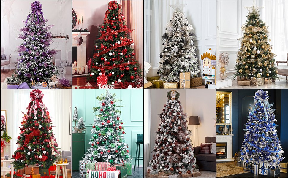 Collage of eight decorated Christmas trees in various colors and styles, set in festive indoor scenes.