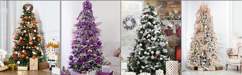 Four decorated Christmas trees in festive settings, showcasing different ornament colors and styles.
