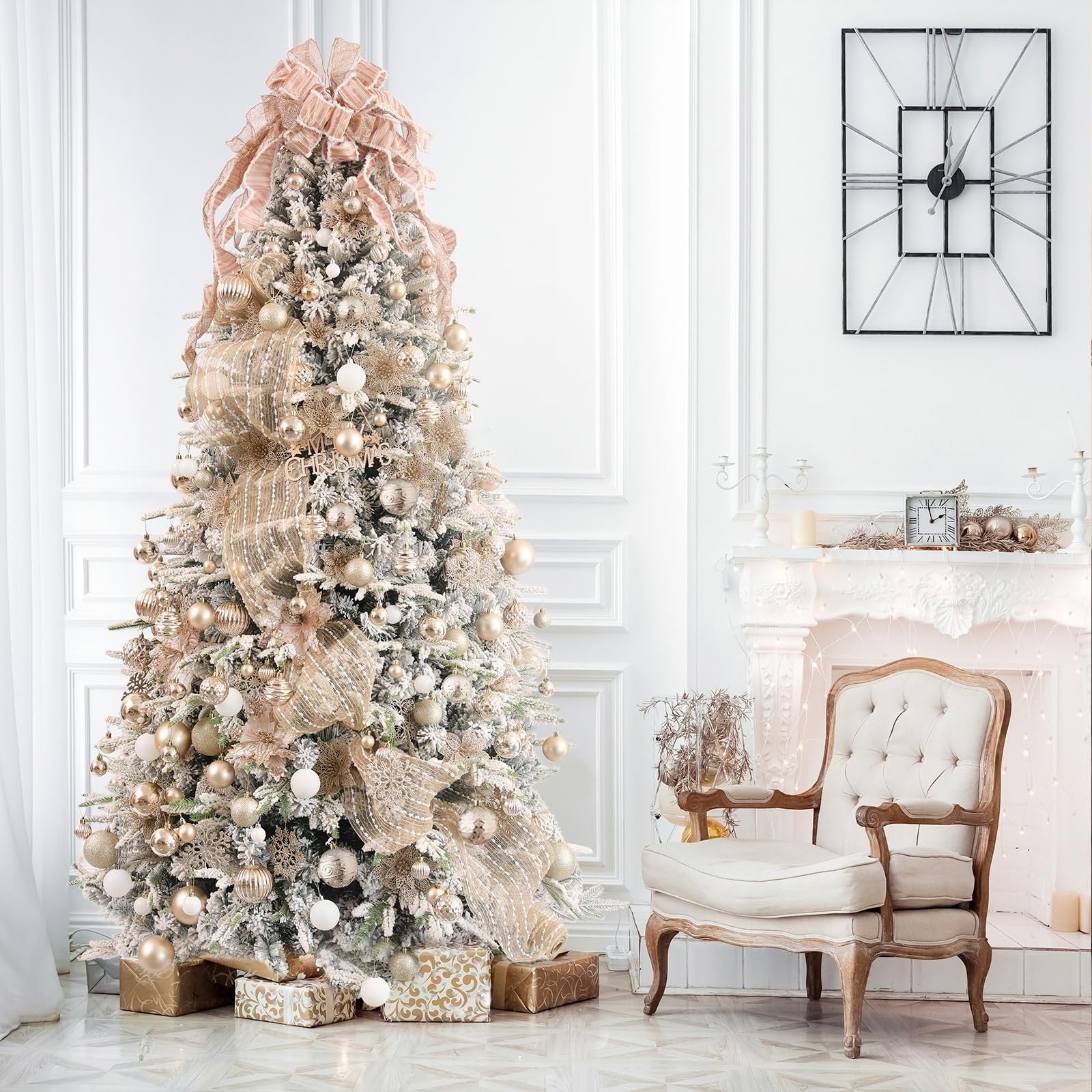 Decorated Christmas tree with gold and white ornaments and bows, next to a vintage armchair and fireplace.