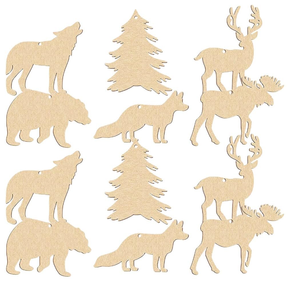 Unfinished wooden forest animal and tree cutouts with holes for crafts