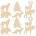 Unfinished wooden forest animal and tree cutouts with holes for crafts