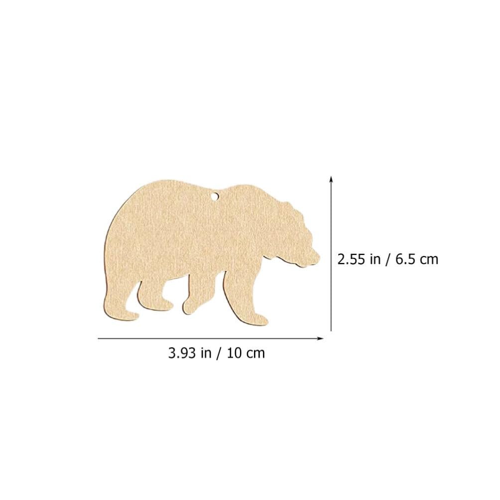 Unfinished wooden bear cutout with dimensions indicated, showing a hole for hanging.