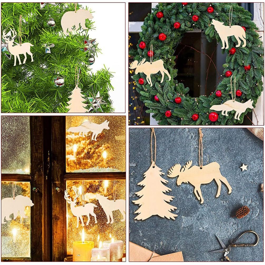 Four scenes showing unfinished wooden animal and tree forest cutouts used as holiday decorations on a Christmas tree, wreath, window, and flat lay.