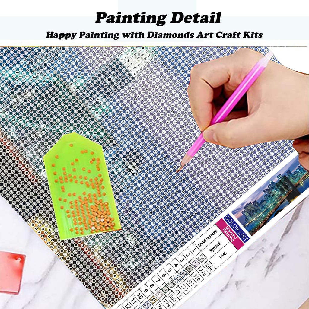 Diamond painting kit in progress, showing a hand holding a pink drill pen over a canvas with symbols and a green tray of drills.