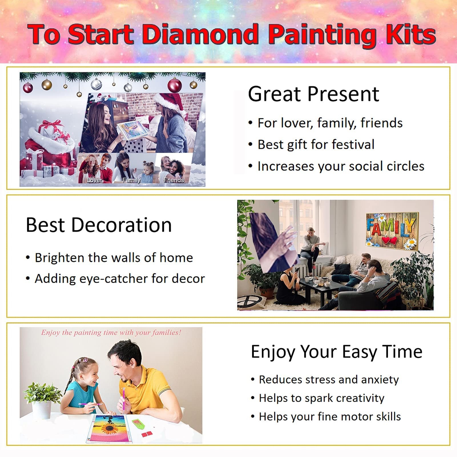 Collage of diamond painting kit benefits: gift ideas, home decor, and family activity. Includes lifestyle images of people painting and enjoying finished art.