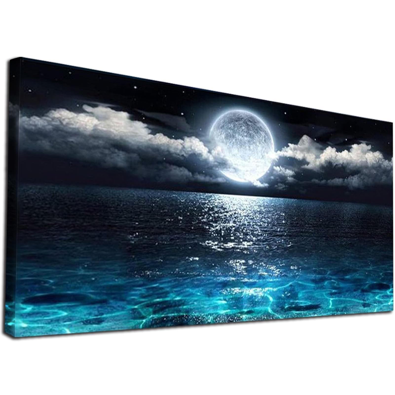 Diamond painting kit canvas showing a full moon over a dark ocean with sparkling water reflections