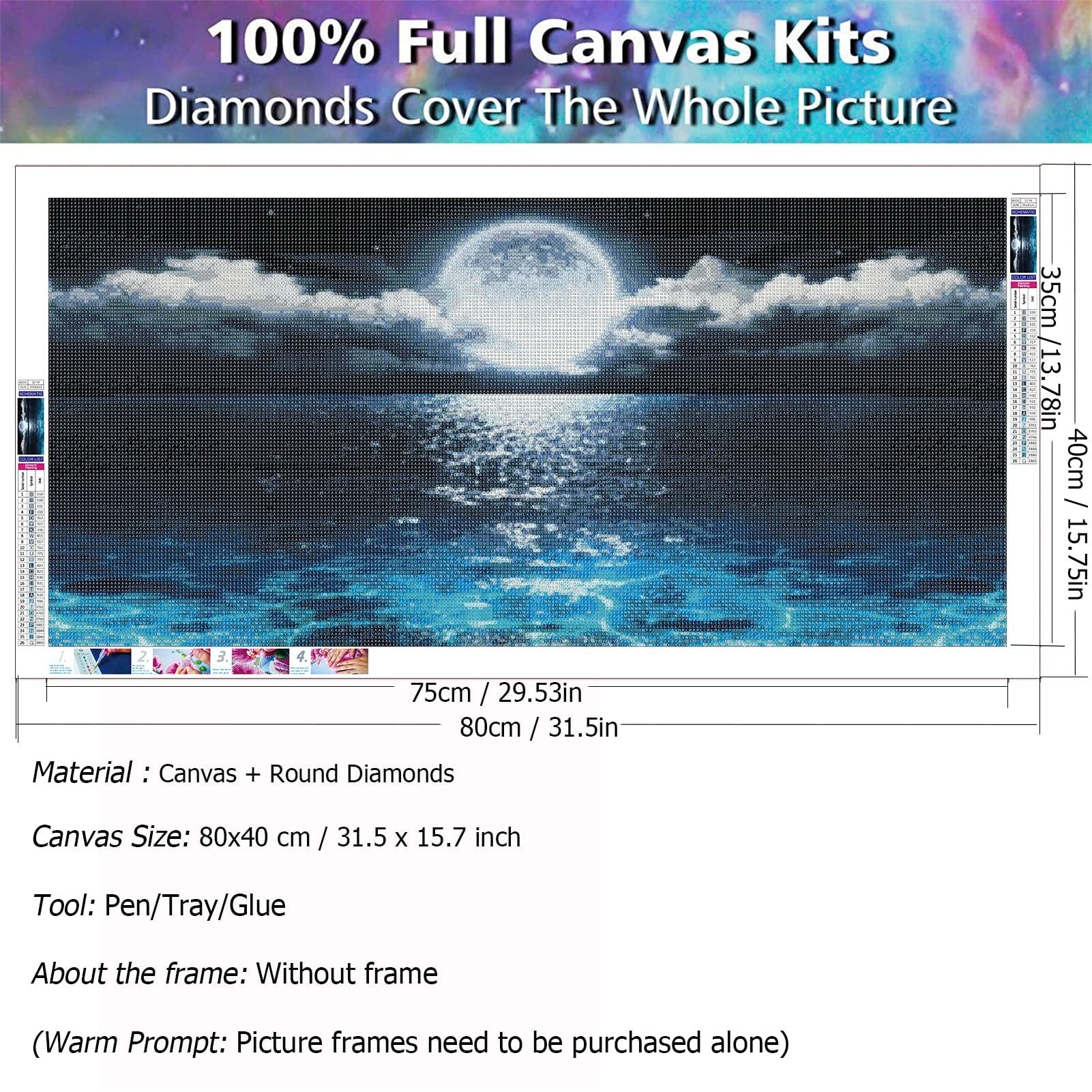 Diamond painting kit showing a full moon over a shimmering ocean at night, with dimensions and material details.