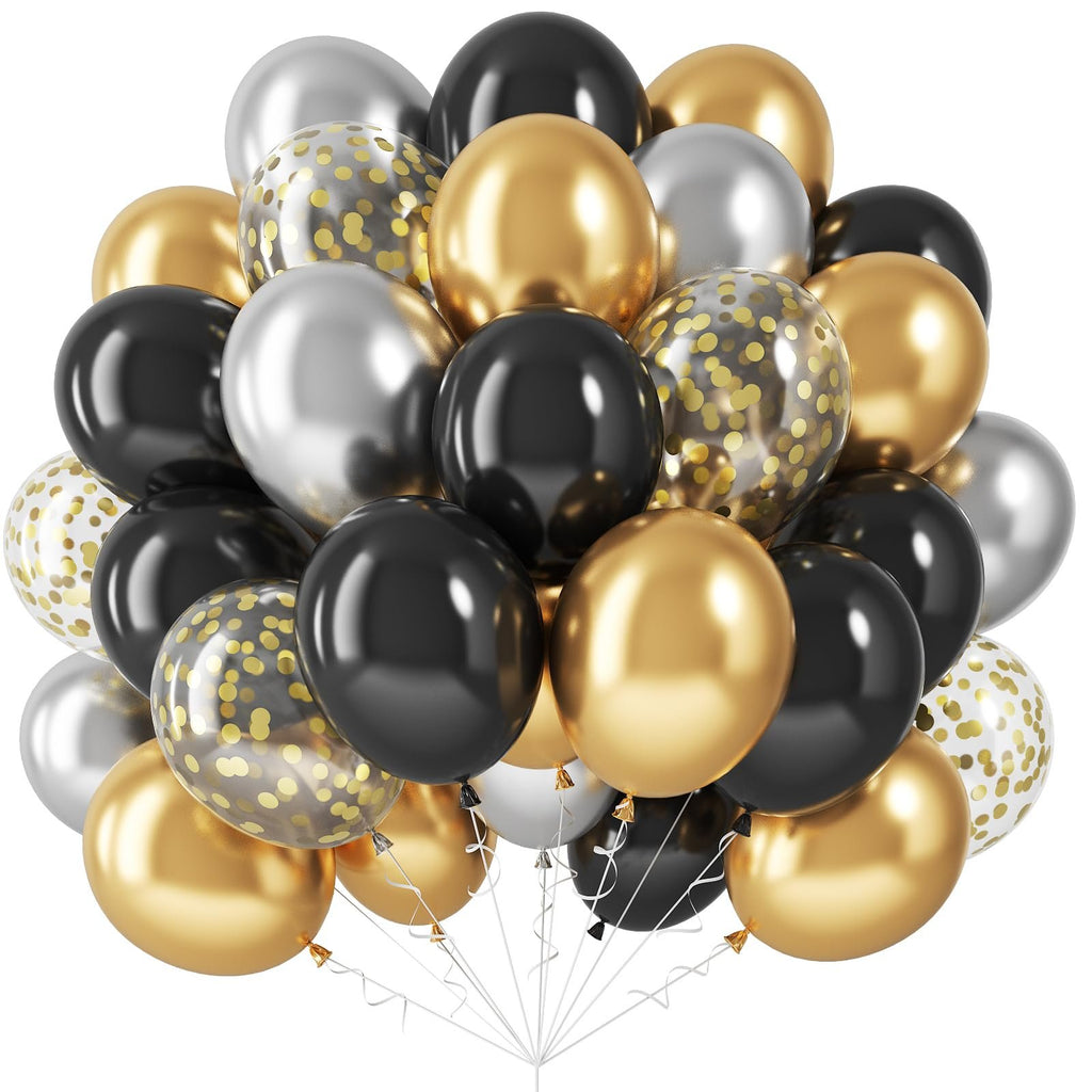 A cluster of black, metallic gold, metallic silver, and gold confetti latex balloons against a white background.