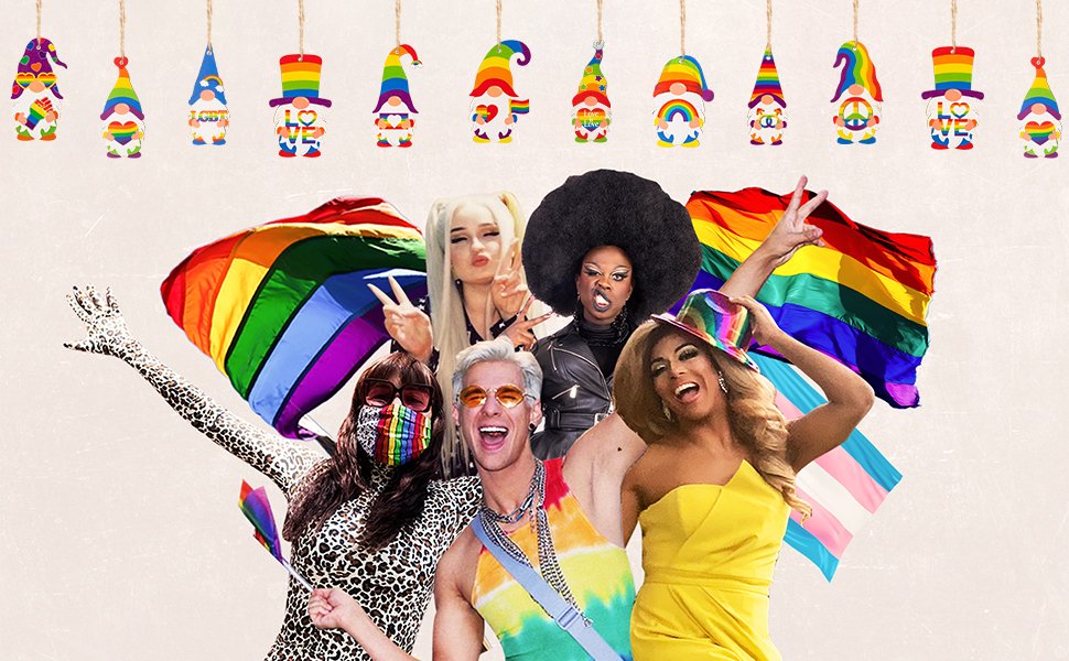 Pride gnome ornaments and diverse group of people celebrating with rainbow flags