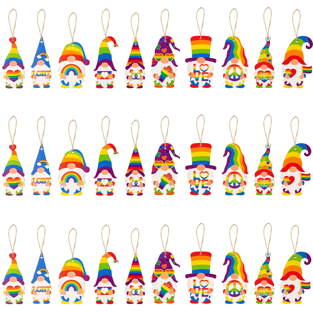 Three rows of colorful gnome ornaments with rainbow pride themes, each with a hanging rope.