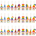 Three rows of colorful gnome ornaments with rainbow pride themes, each with a hanging rope.