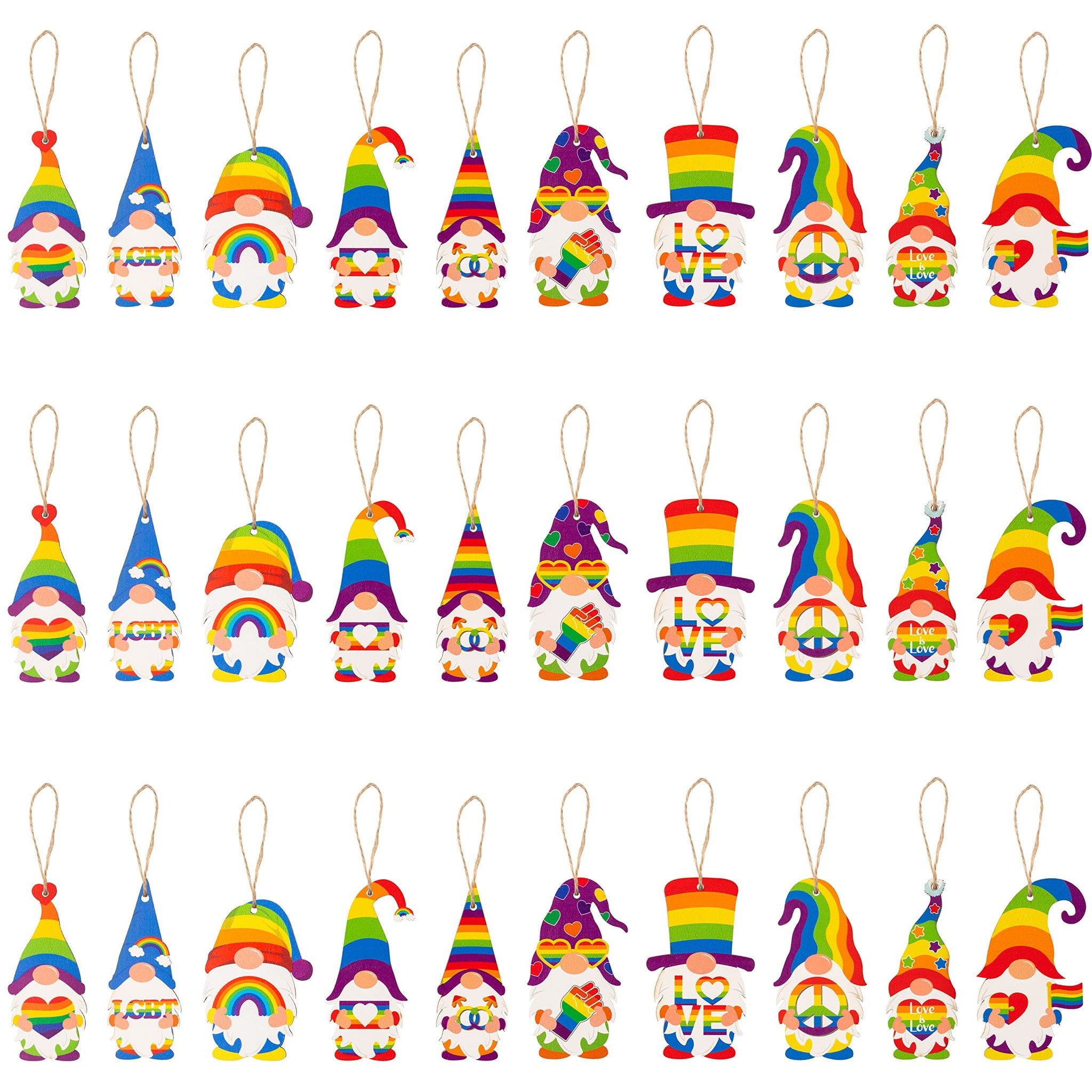 Three rows of colorful gnome ornaments with rainbow pride themes, each with a hanging rope.