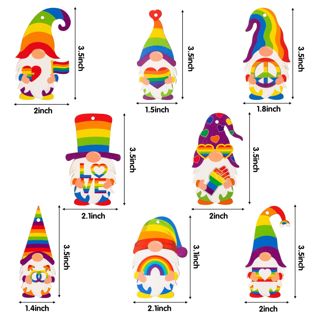 Collection of 8 rainbow gnome pride ornaments with various designs and dimensions indicated.