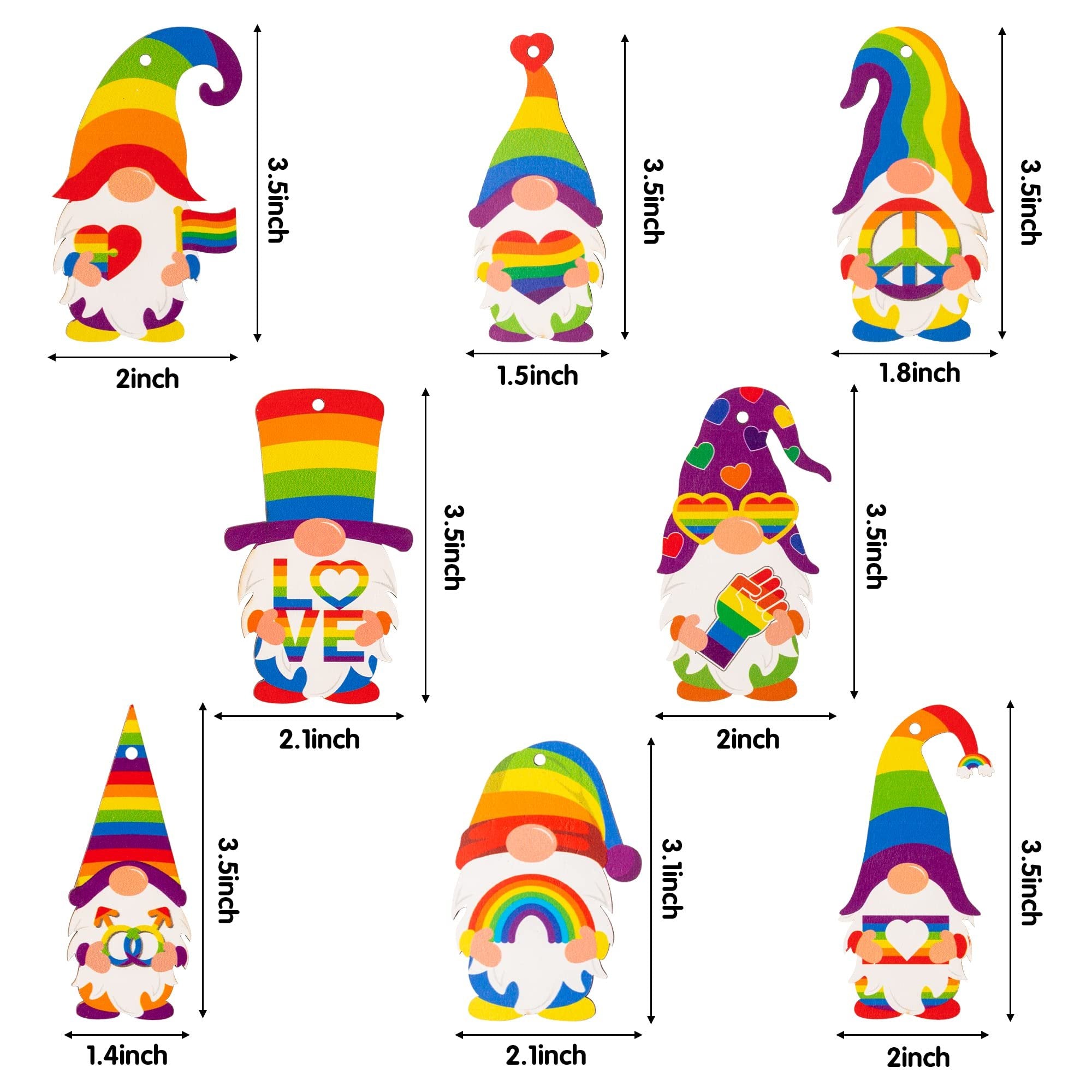 Collection of 8 rainbow gnome pride ornaments with various designs and dimensions indicated.