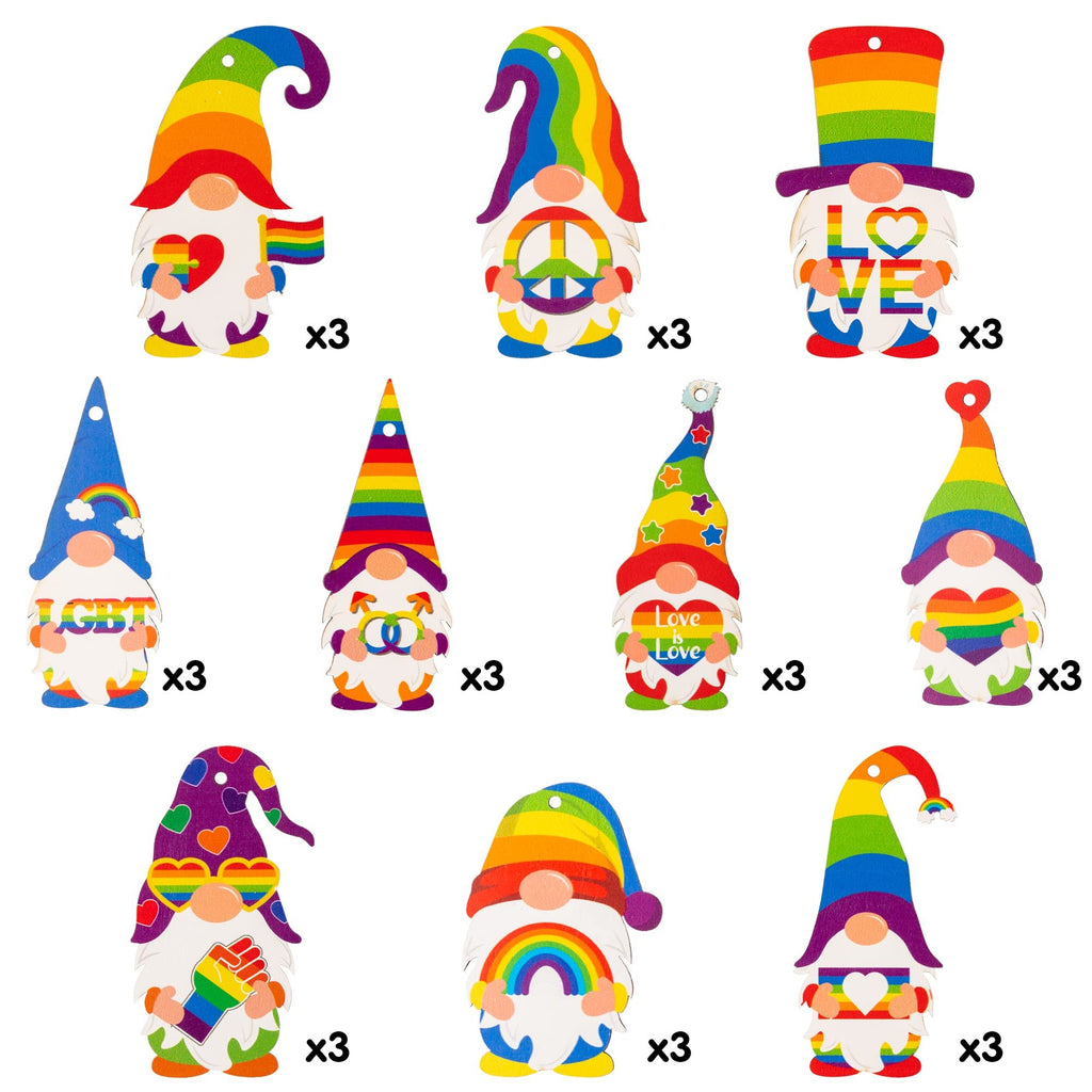 Collection of 9 rainbow-themed gnome ornaments, each with a 'x3' multiplier indicating quantity, against a white background.