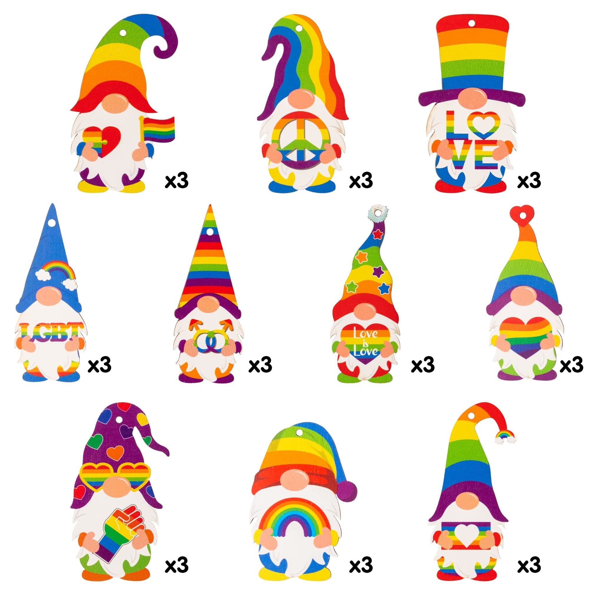 Collection of 9 rainbow-themed gnome ornaments, each with a 'x3' multiplier indicating quantity, against a white background.