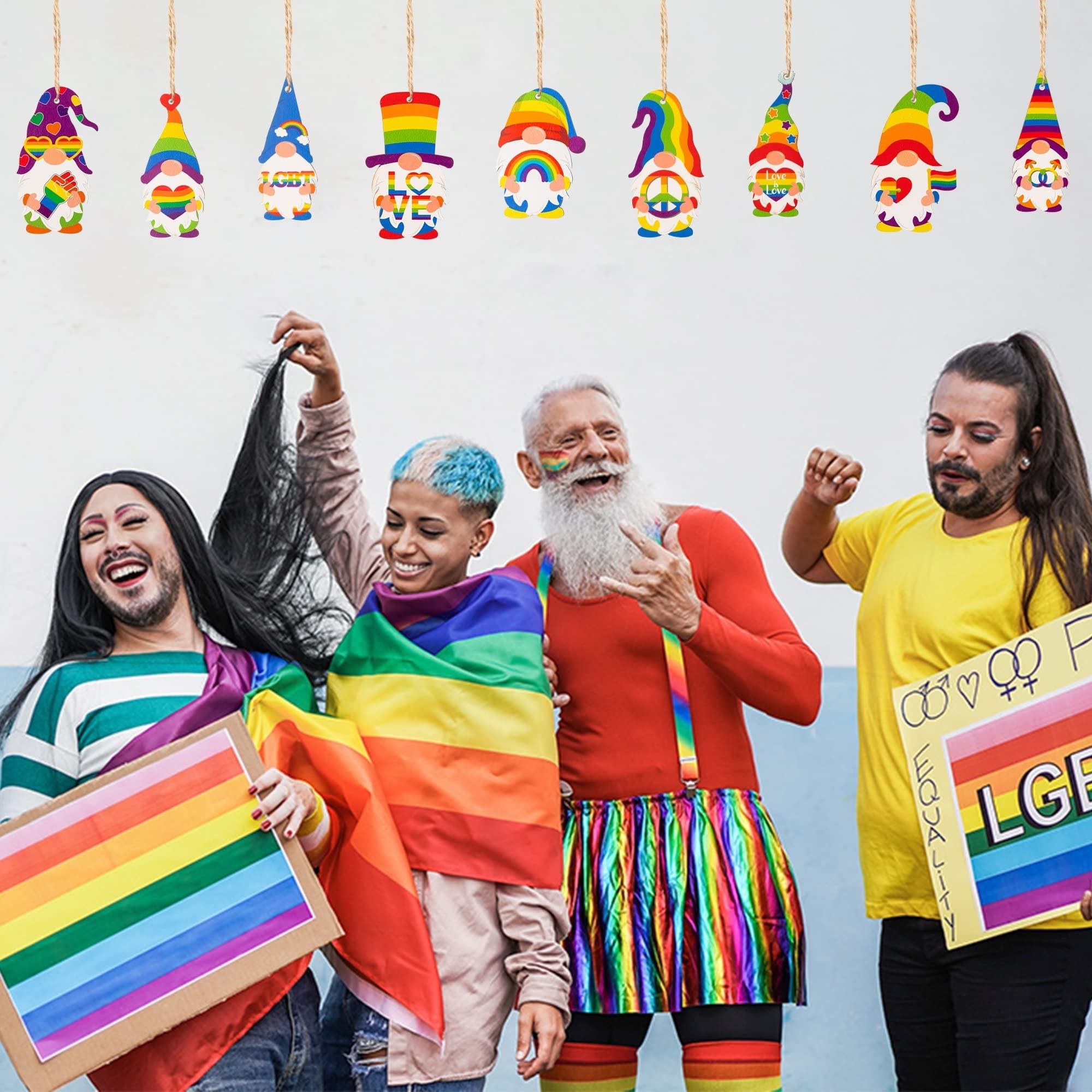 Group of people celebrating Pride with rainbow flags and gnome ornaments