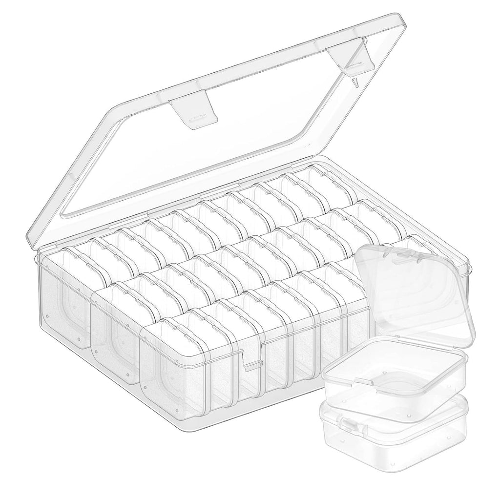 Clear plastic bead organizer box with 31 compartments and 30 removable inner cases, shown open with two inner cases stacked beside it.