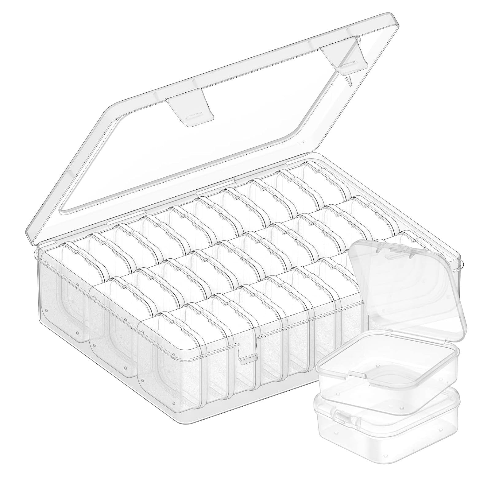 Clear plastic bead organizer box with 31 compartments and 30 removable inner cases, shown open with two inner cases stacked beside it.