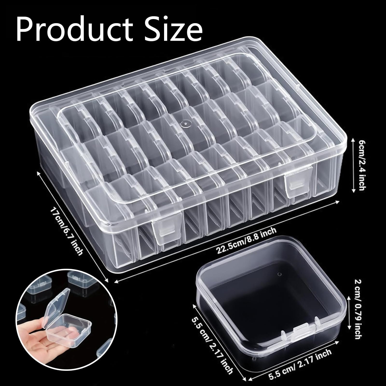 Clear plastic bead organizer box with 31 slots and dimensions shown, plus a single removable inner case.