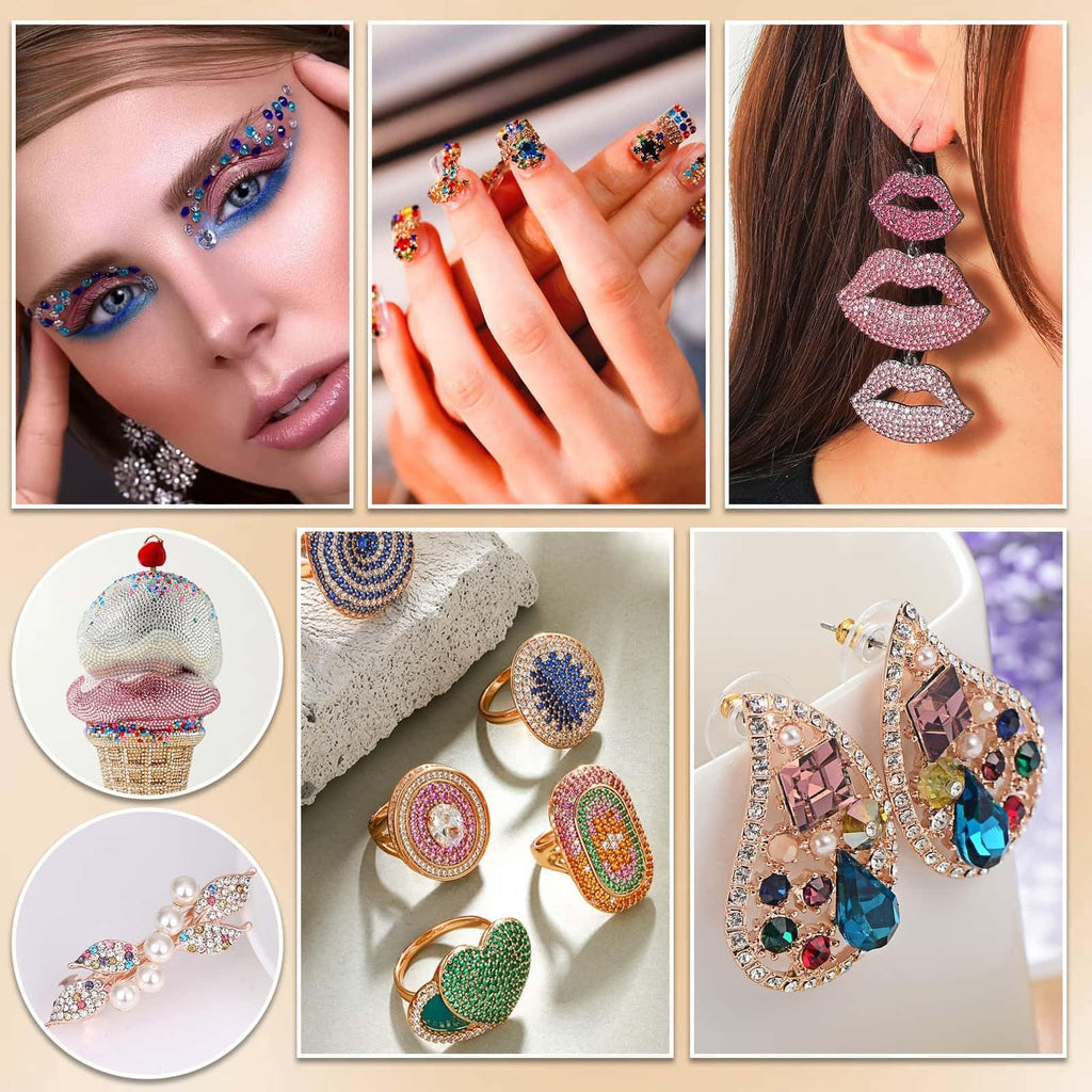 Collage of rhinestone-embellished fashion accessories including makeup, nails, earrings, a cupcake clutch, rings, and a hair clip.