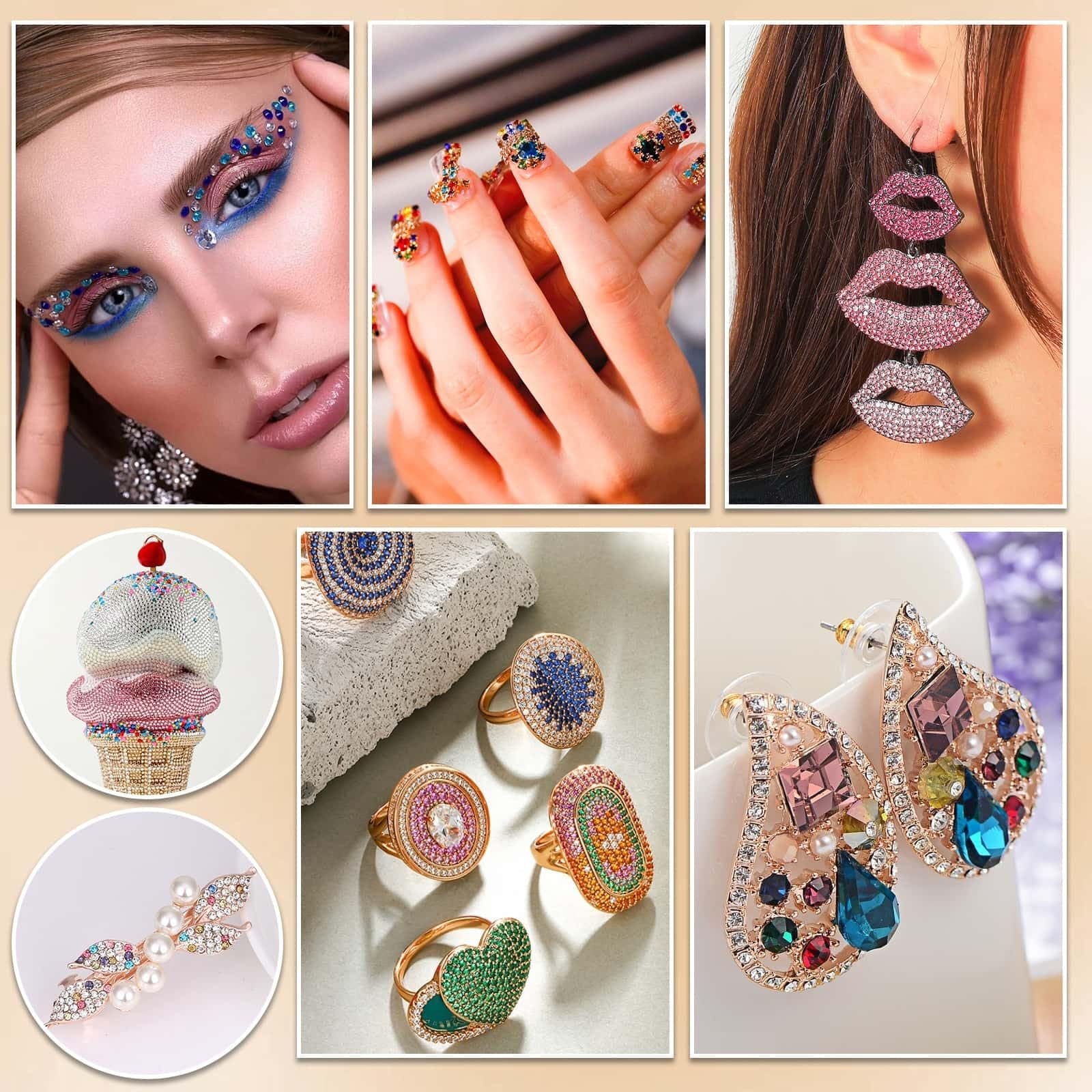 Collage of rhinestone-embellished fashion accessories including makeup, nails, earrings, a cupcake clutch, rings, and a hair clip.