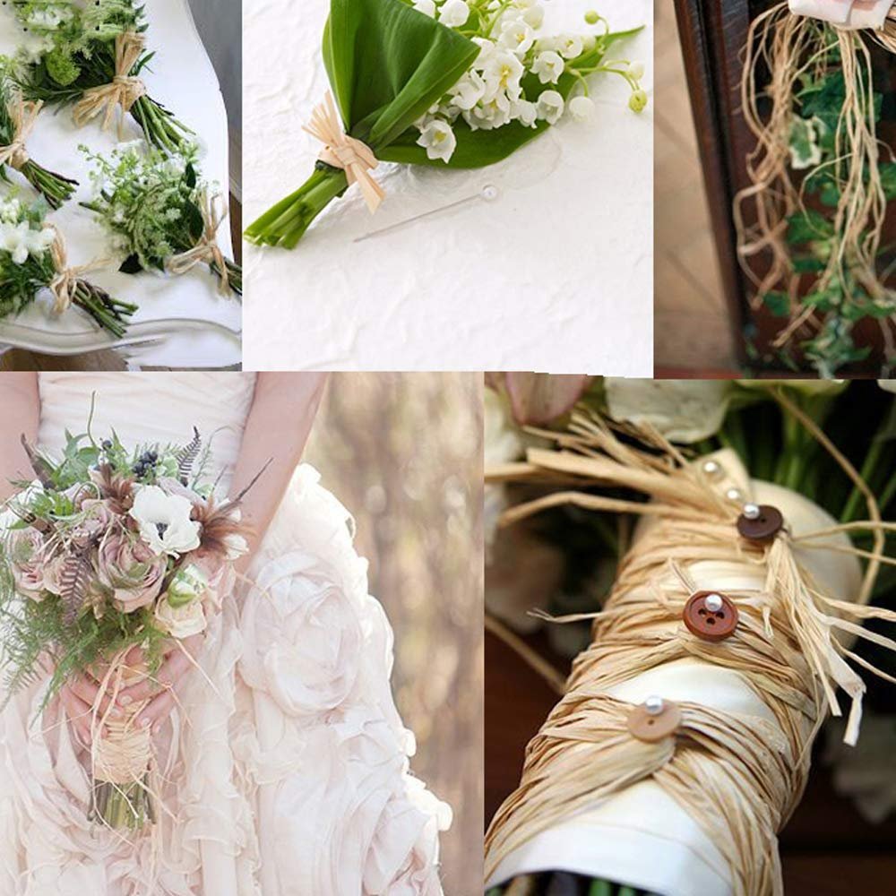 Collage of floral arrangements and bouquets tied with raffia ribbon and decorated with buttons and pearls