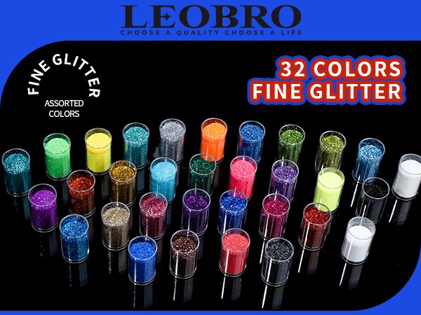 32 jars of fine glitter in assorted colors, displayed on a black surface.