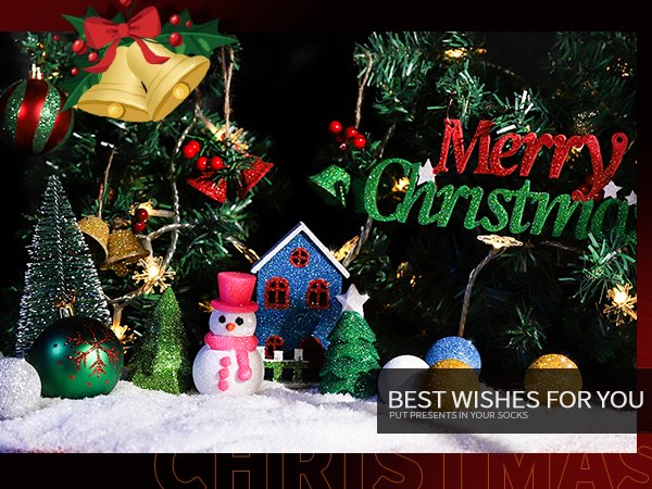 Christmas tree with decorations, snowman, and house in snow, with text overlays.