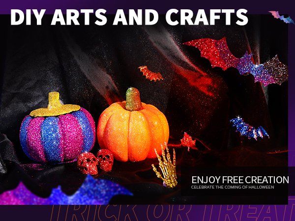 Glitter-covered Halloween decorations including pumpkins, bats, skulls, and a skeleton hand on a dark background.